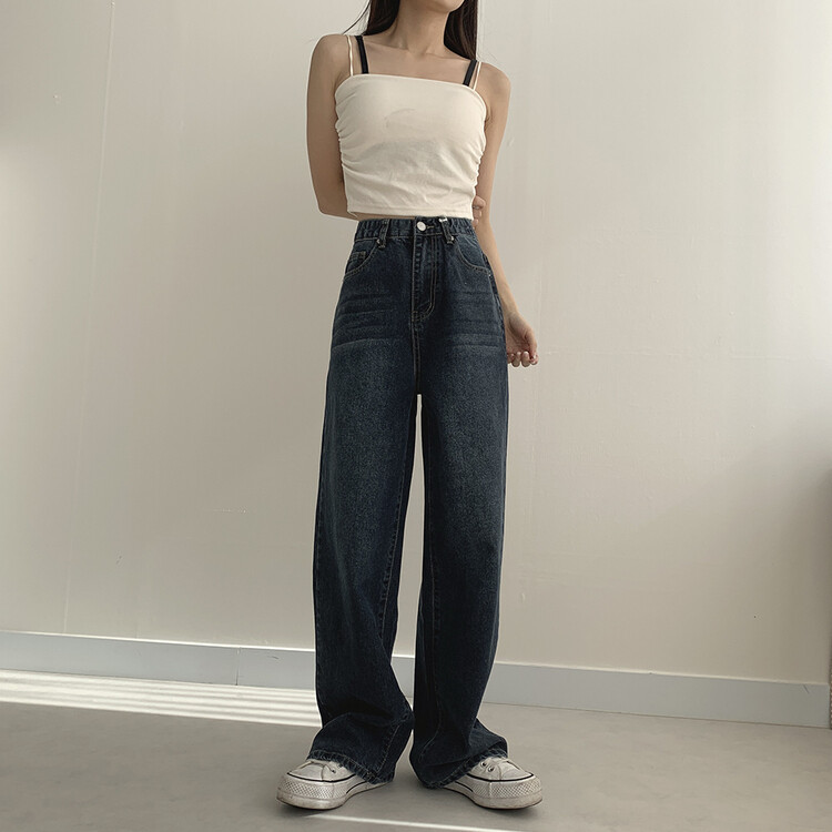 ハイウエストルーズフィットデニムパンツ5色(SHORT/BASIC/LONG) ダークブルー