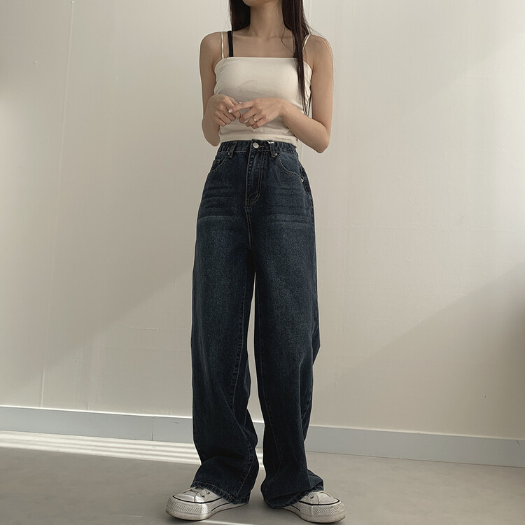 ハイウエストルーズフィットデニムパンツ5色(SHORT/BASIC/LONG) ダークブルー