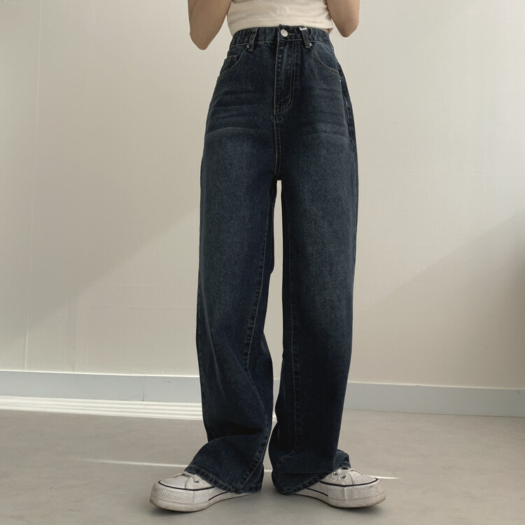 ハイウエストルーズフィットデニムパンツ5色(SHORT/BASIC/LONG) ダークブルー