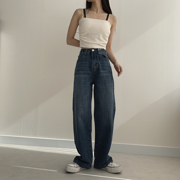ハイウエストルーズフィットデニムパンツ5色(SHORT/BASIC/LONG) ダークブルー