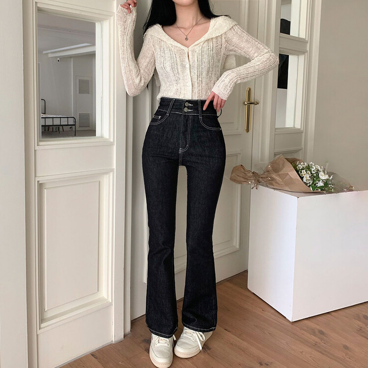 ツーボタンブーツカットデニムパンツ(SHORT/BASIC/LONG) DEEP BLACK