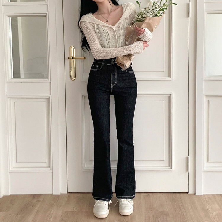 ツーボタンブーツカットデニムパンツ(SHORT/BASIC/LONG) DEEP BLACK