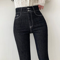 パンツ ツーボタンブーツカットデニムパンツ(SHORT/BASIC/LONG) DEEP BLACK
