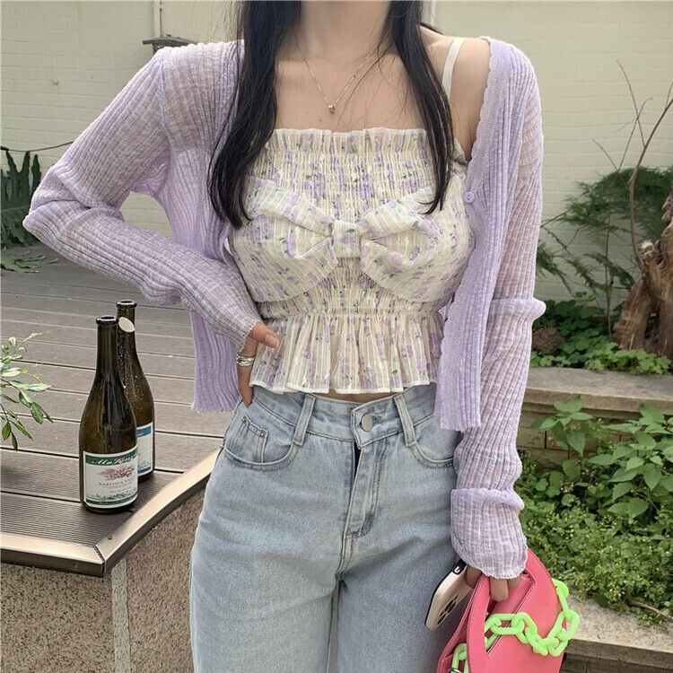 フラワーパターンリボンキャミソール パープル