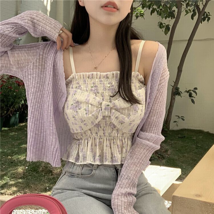 フラワーパターンリボンキャミソール パープル