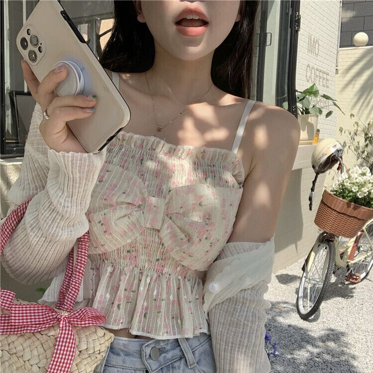 フラワーパターンリボンキャミソール ピンク