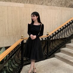 シフォンアンバランスオフショルダーロングワンピース ブラック