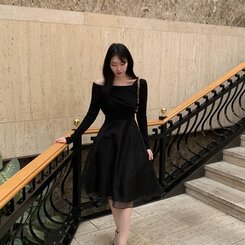 シフォンアンバランスオフショルダーロングワンピース ブラック