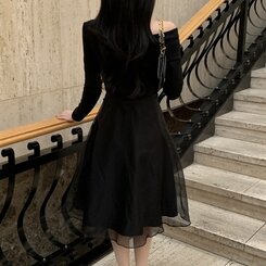 シフォンアンバランスオフショルダーロングワンピース ブラック