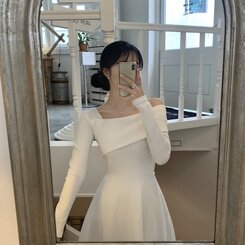 シフォンアンバランスオフショルダーロングワンピース アイボリー