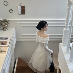 シフォンアンバランスオフショルダーロングワンピース アイボリー