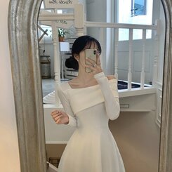 シフォンアンバランスオフショルダーロングワンピース アイボリー