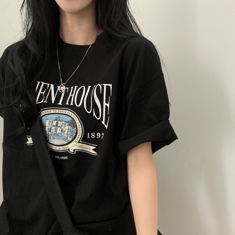 빈티지한매력 오버핏 레터링 박스 반팔티셔츠 3color 블랙