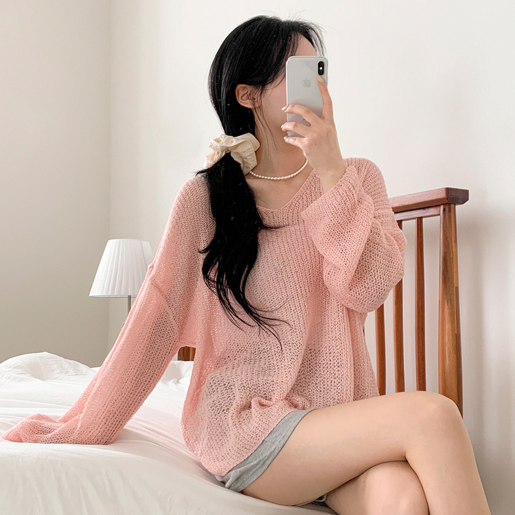 シースルーVネックルーズフィットニット8色 LIGHT PINK