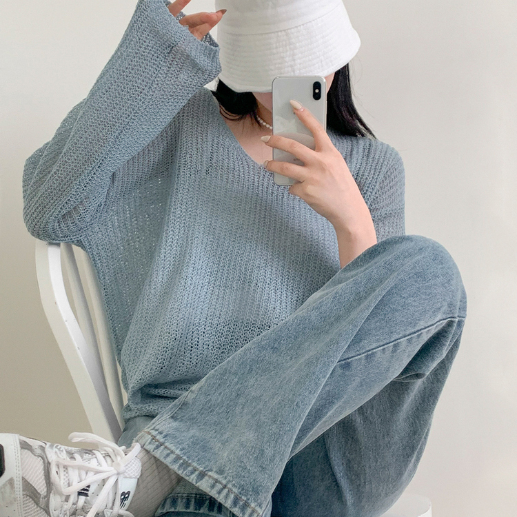 シースルーVネックルーズフィットニット8色 SKY BLUE