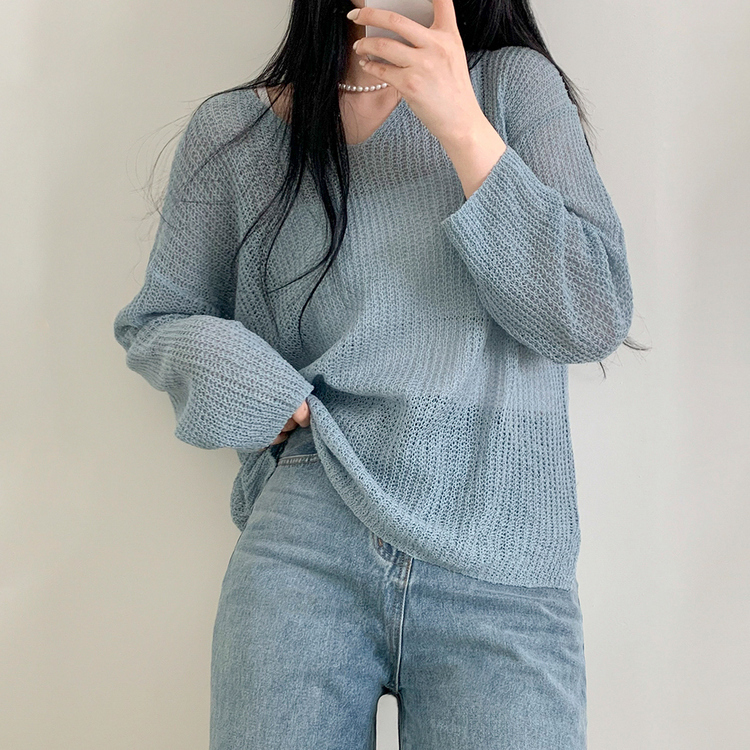 シースルーVネックルーズフィットニット8色 SKY BLUE
