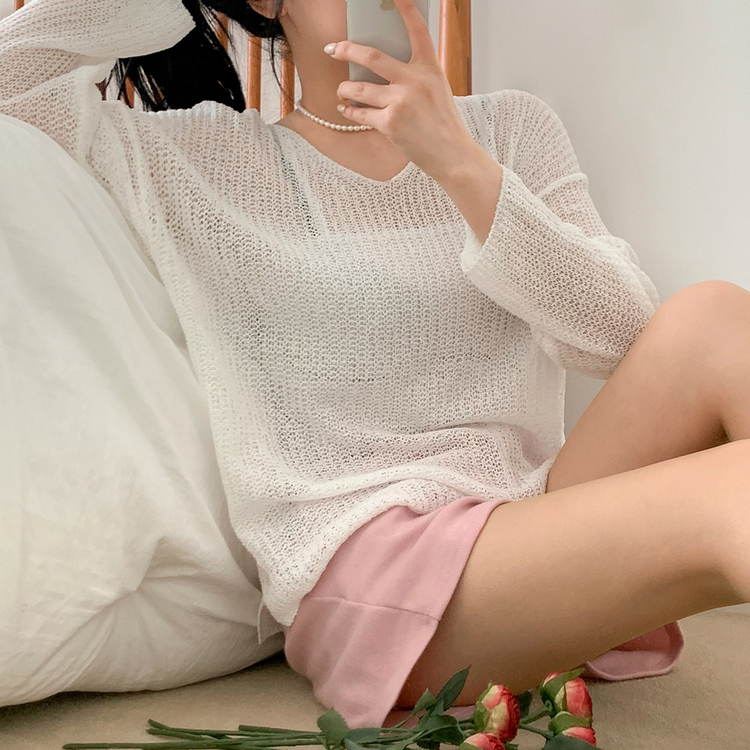 シースルーVネックルーズフィットニット8色 WHITE