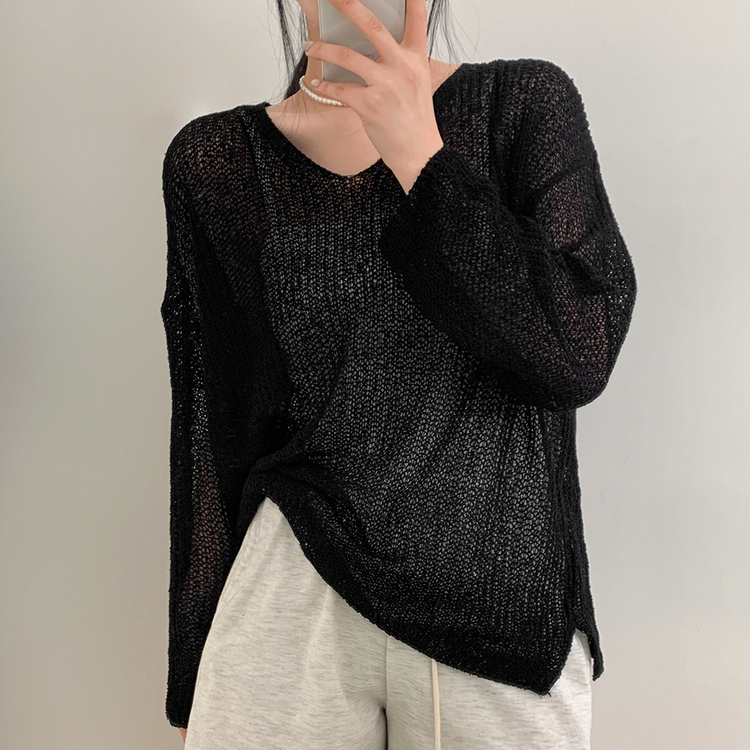 シースルーVネックルーズフィットニット8色 BLACK