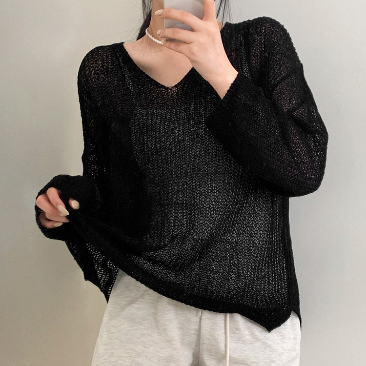 シースルーVネックルーズフィットニット8色 BLACK