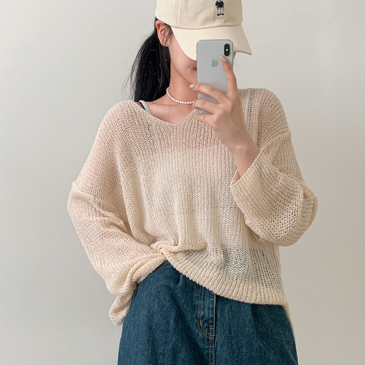 シースルーVネックルーズフィットニット8色 BEIGE