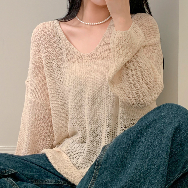 シースルーVネックルーズフィットニット8色 BEIGE