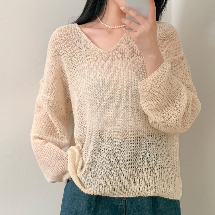 シースルーVネックルーズフィットニット8色 BEIGE