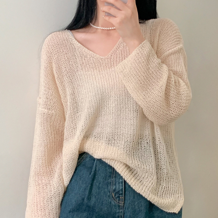 シースルーVネックルーズフィットニット8色 BEIGE