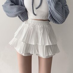 ティアードゴムフレアミニスカート(パンツ付き) アイボリー