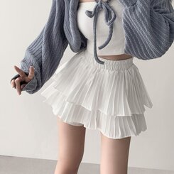 ティアードゴムフレアミニスカート(パンツ付き) アイボリー