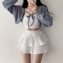 ティアードゴムフレアミニスカート(パンツ付き) アイボリー