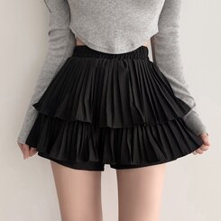 ティアードゴムフレアミニスカート(パンツ付き) ブラック