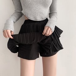 ティアードゴムフレアミニスカート(パンツ付き) ブラック