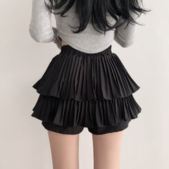 ティアードゴムフレアミニスカート(パンツ付き) ブラック