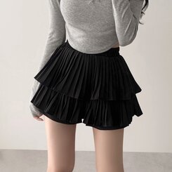 ティアードゴムフレアミニスカート(パンツ付き) ブラック