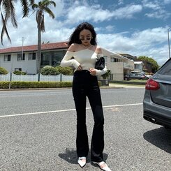 ユニークストラップオフショルダー長袖Tシャツ ホワイト