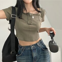 ピンタックスナップオフショルダークロップTシャツ5色 KHAKI