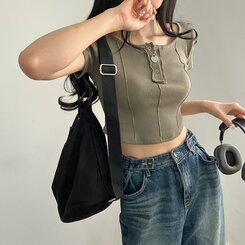 ピンタックスナップオフショルダークロップTシャツ5色 KHAKI