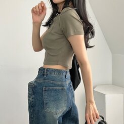ピンタックスナップオフショルダークロップTシャツ5色 KHAKI