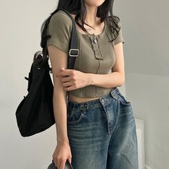 ピンタックスナップオフショルダークロップTシャツ5色 KHAKI