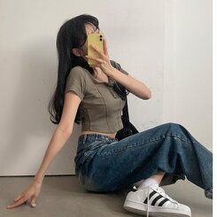 ピンタックスナップオフショルダークロップTシャツ5色 KHAKI