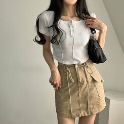 ピンタックスナップオフショルダークロップTシャツ5色 IVORY