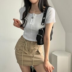 ピンタックスナップオフショルダークロップTシャツ5色 IVORY