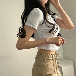 ピンタックスナップオフショルダークロップTシャツ5色 IVORY