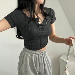 ピンタックスナップオフショルダークロップTシャツ5色 CHARCOAL