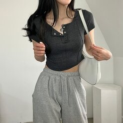 ピンタックスナップオフショルダークロップTシャツ5色 CHARCOAL