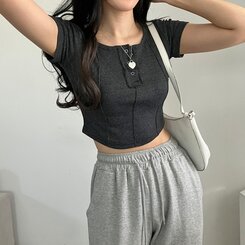 ピンタックスナップオフショルダークロップTシャツ5色 CHARCOAL