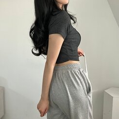 ピンタックスナップオフショルダークロップTシャツ5色 CHARCOAL