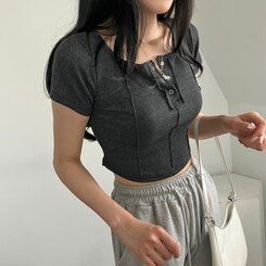 ピンタックスナップオフショルダークロップTシャツ5色 CHARCOAL
