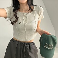 ピンタックスナップオフショルダークロップTシャツ5色 OATMEAL