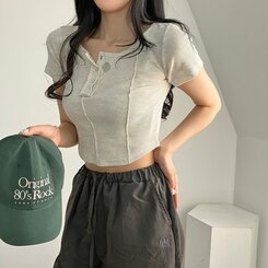 ピンタックスナップオフショルダークロップTシャツ5色 OATMEAL